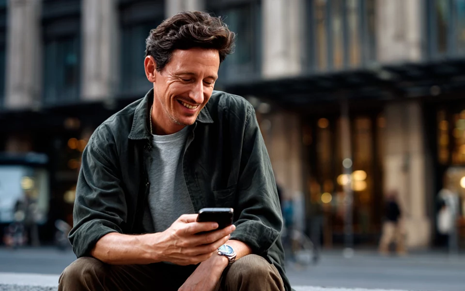 Homem a sorrir com o telemóvel