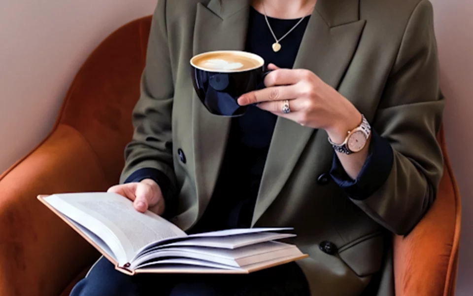 Mulher a segurar livro e chavena de café no escritório
