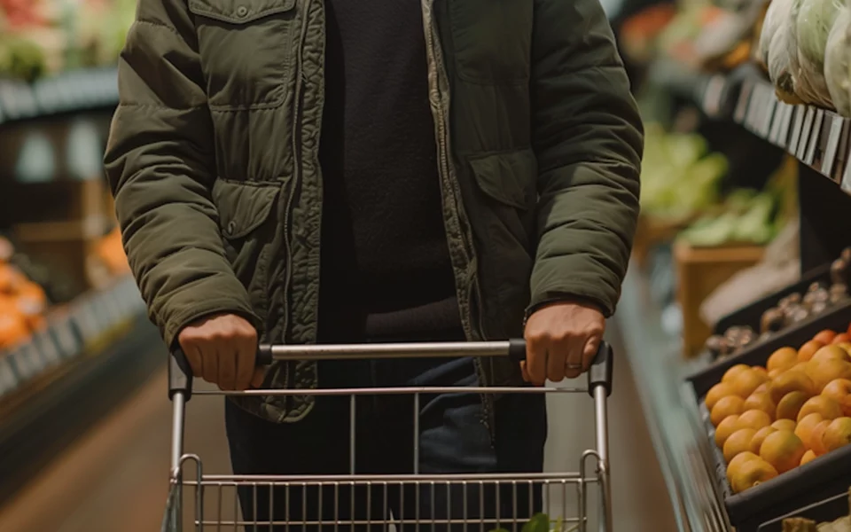 Homem a segurar o carrinho de compras no mercado