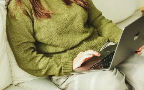 Mulher a usar o computador portátil no sofá