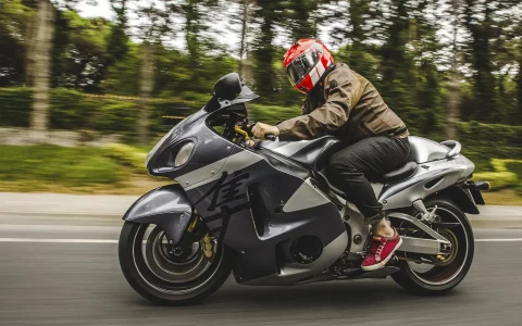 Fotografia de ação lateral de um motociclista com capacete vermelho a pilotar uma Suzuki Hayabusa cinzenta prateada em alta velocidade numa estrada ladeada por árvores desfocadas.
