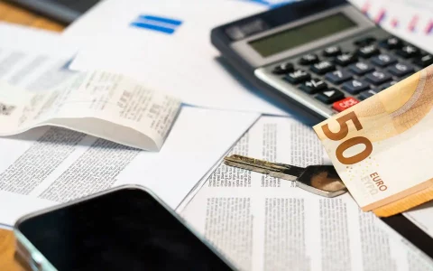 Fotografia em plano aproximado sobre mesa de trabalho com documentos, uma nota de 50 Euros, uma chave de casa, um smartphone e uma calculadora.
