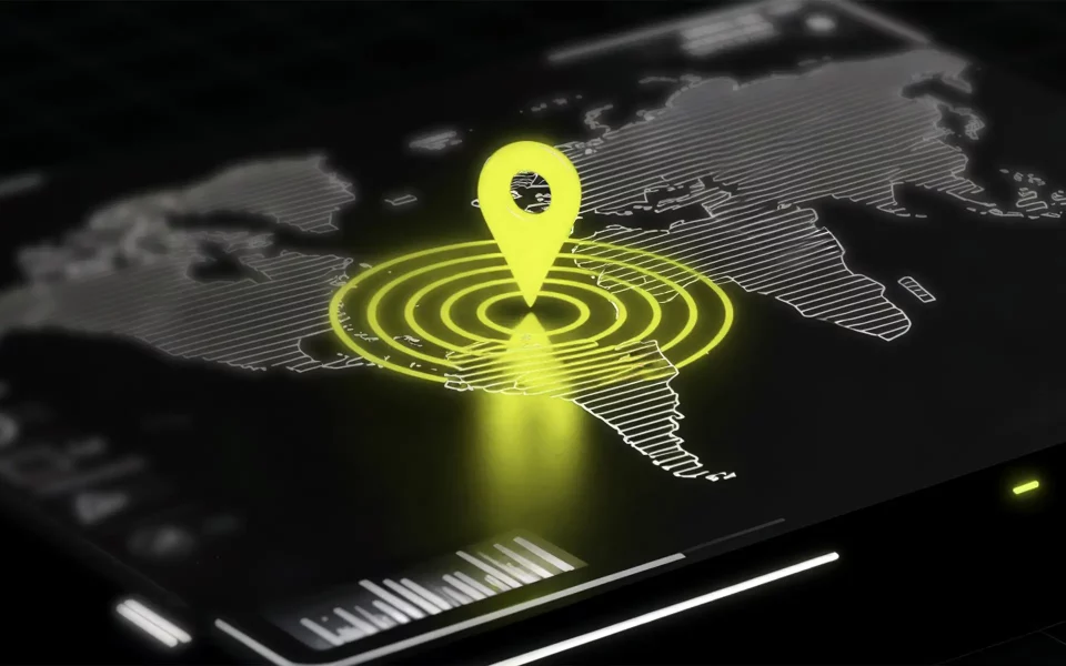Ícone de localização amarelo fluorescente a emitir ondas num mapa-múndi digital num ecrã escuro.