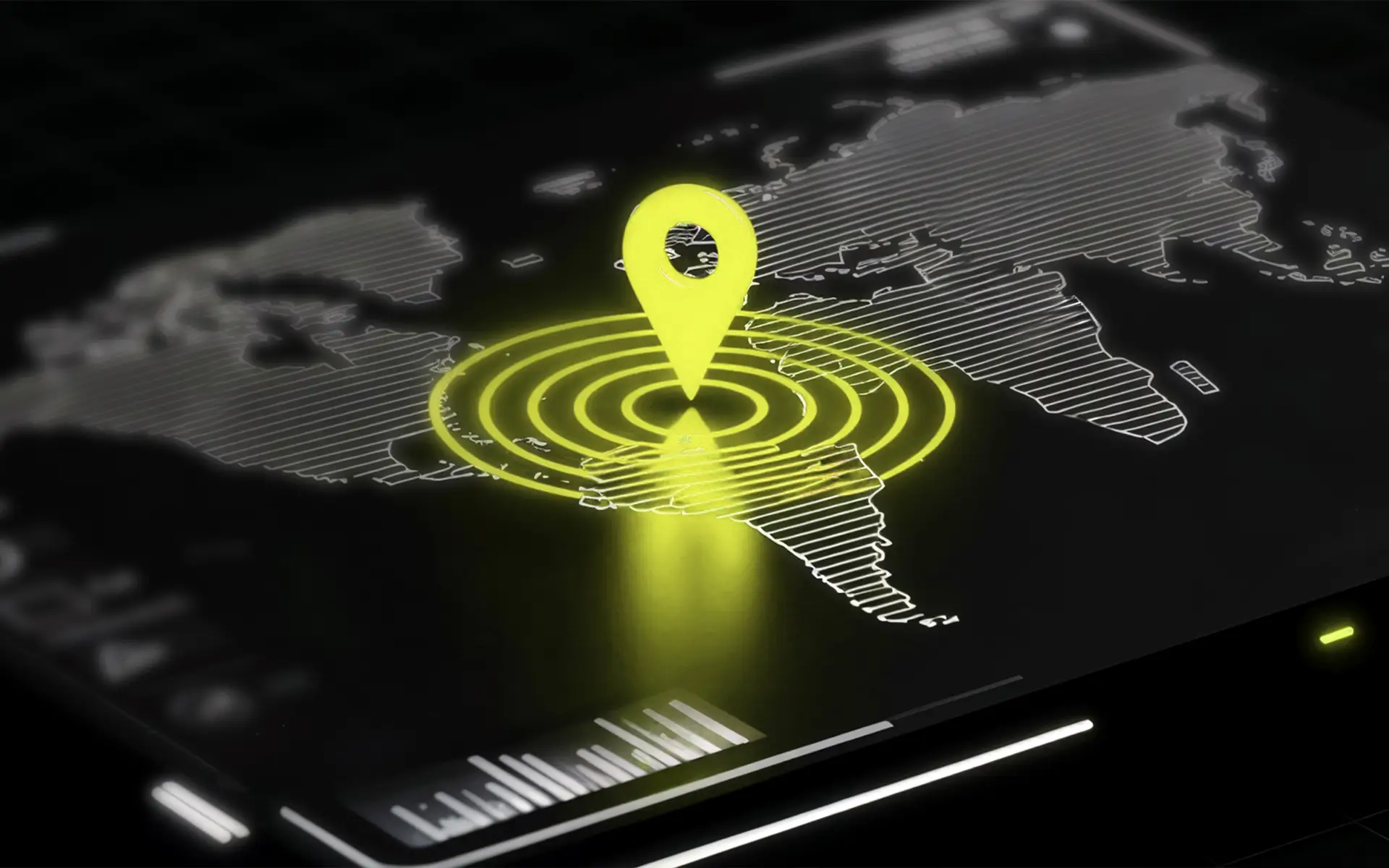 Ícone de localização amarelo fluorescente a emitir ondas num mapa-múndi digital num ecrã escuro.