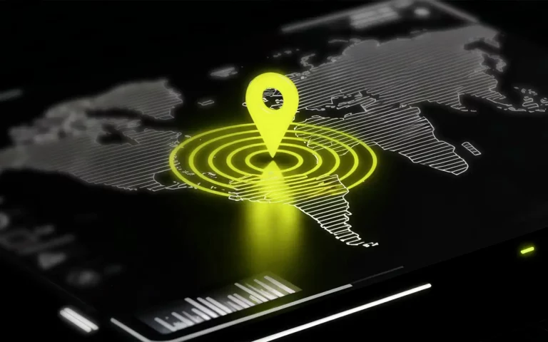 Ícone de localização amarelo fluorescente a emitir ondas num mapa-múndi digital num ecrã escuro.